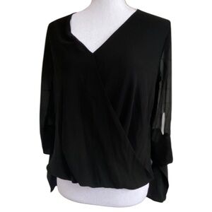 Naked Zebra Black Chiffon Surplice Long Sleeve Blouse, Size S